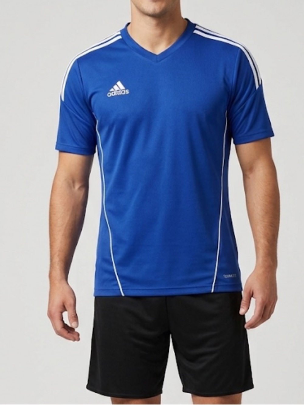 adidas Blue boys V-Neck Athletic Soccer Jersey with White Stripes